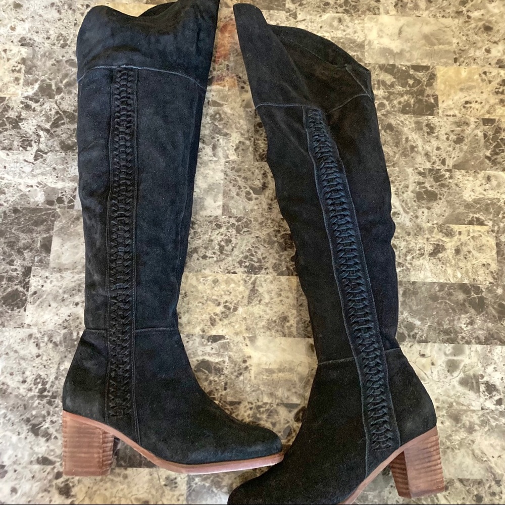 MATISSE inspired black leather woven over the knee boho heel boots